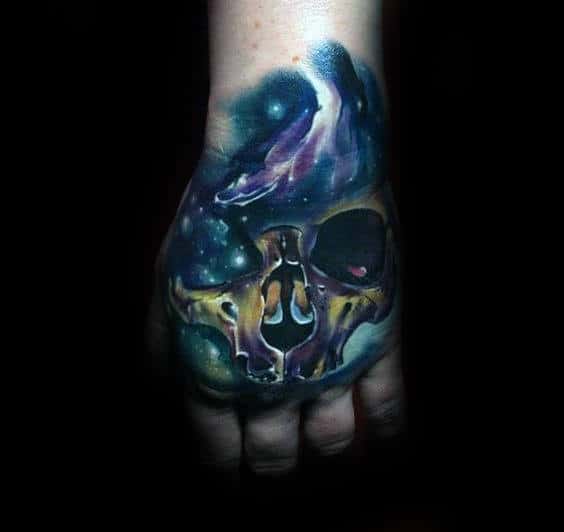 Mens Outer Space Skull Hand Tattoo Designs