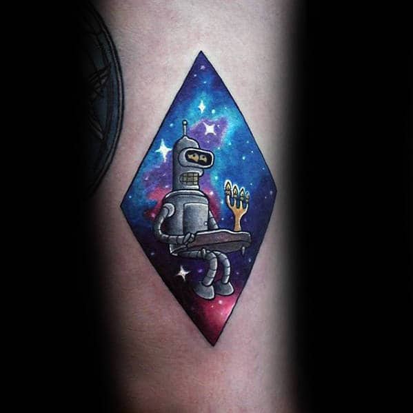 Mens Outer Space Sky With Stars Bender Playing Piano Forearm Tattoo
