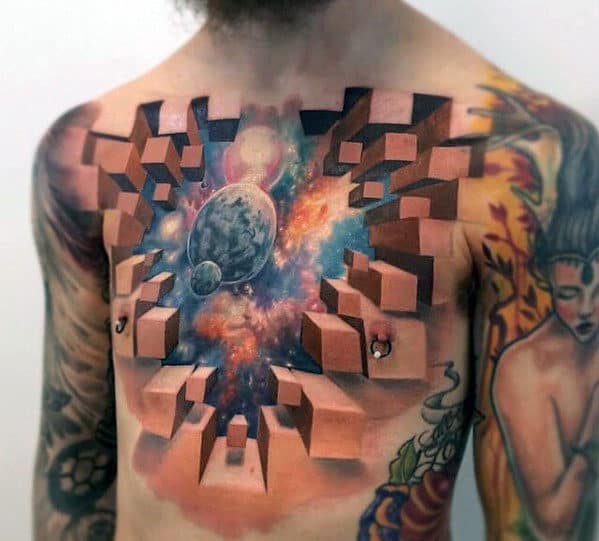 Mens Outer Space Themed 3d Geometric Chest Tattoo