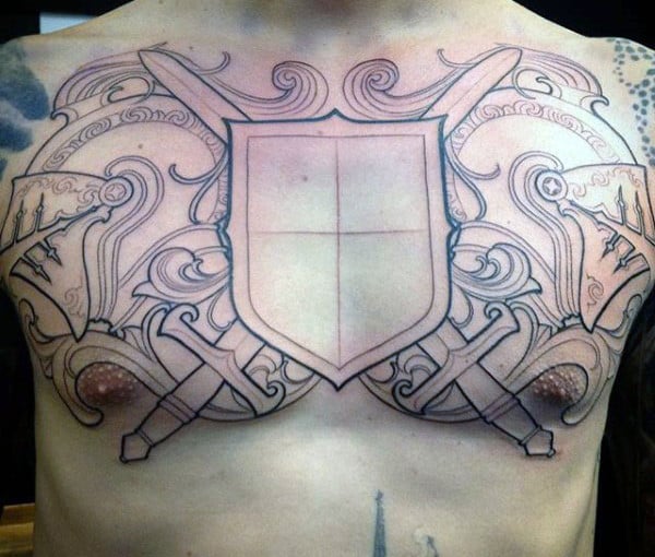 Mens Outline Knight Crest Tattoo On Chest