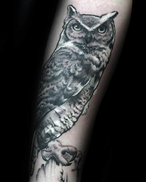 Mens Owl Forearm White And Grey Ink Tattoo Ideas