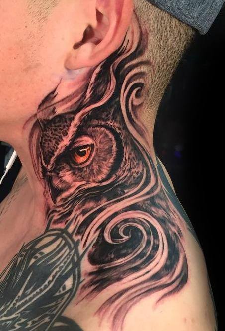 Mens Owl Neck Tattoo Ideas With Spiral Design