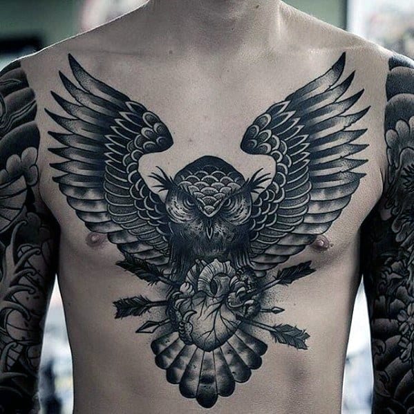 Mens Owl With Arrows And Heart Chest Tattoo Incredible Design