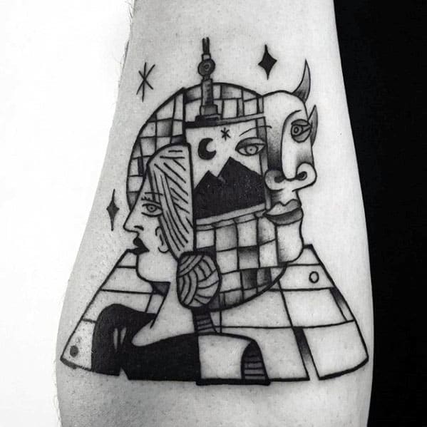 Blackwork tattoo inspired by Picasso’s cubism, featuring abstract faces, geometric patterns, and celestial elements.