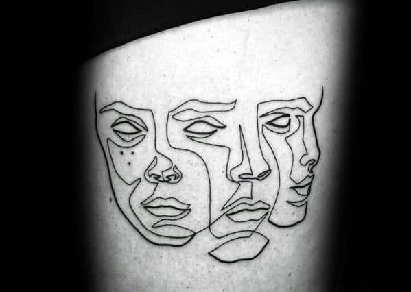 Tattoo of three overlapping faces in Picasso-inspired continuous line style, blending minimalism with abstract facial expressions.