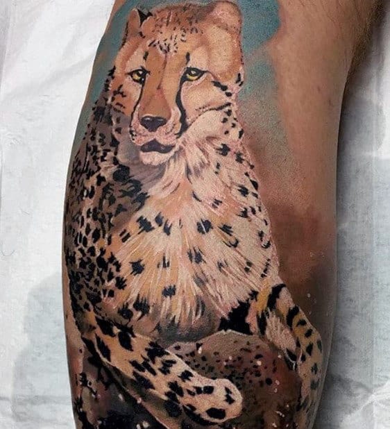 Mens Painting Cheetah Back Of Leg Tattoos