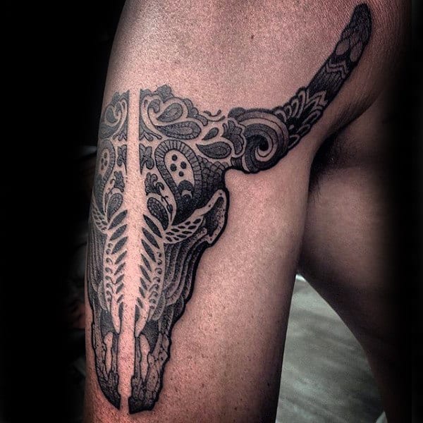 Mens Paisley Bison Skull Tattoo On Upper Arm