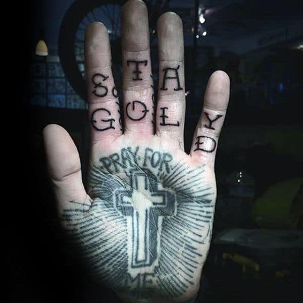 Mens Palm Greyish Religious Tattoo