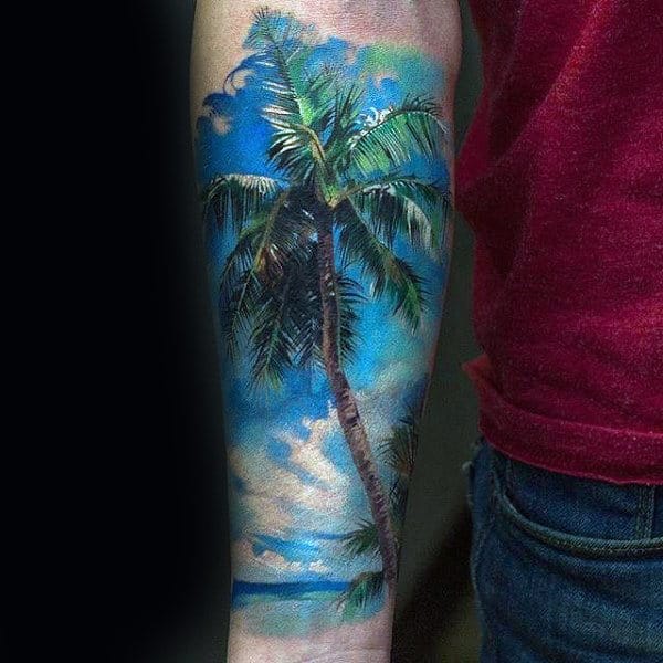 Mens Palm Tree Beach Forearm Sky Sleeve Tattoos