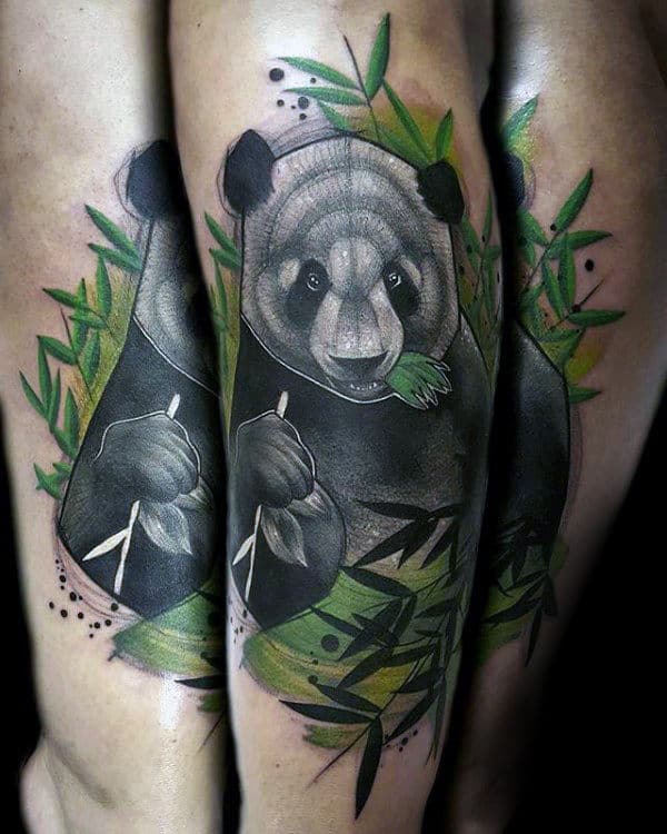 Mens Panda Eating Green Leaves Forearm Tattoo