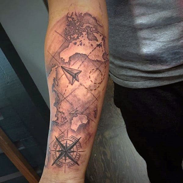 Mens Paper Airplane World Map Forearm Sleeve Tattoo Ideas