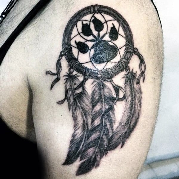 Mens Paw Print Dreamcatcher Upper Arm Tattoo