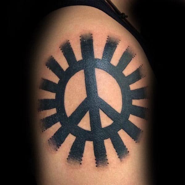 Mens Peace Sign Sun Rays Upper Arm Tattoos