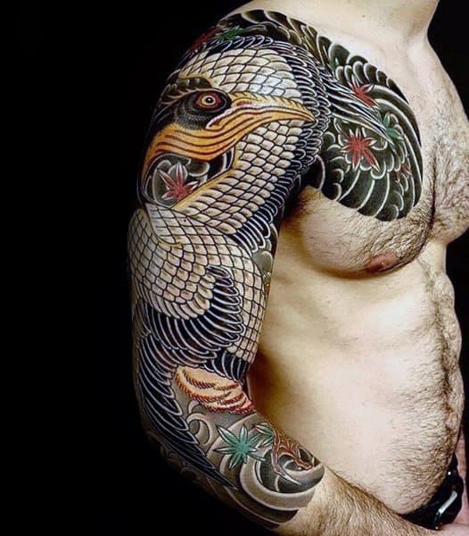 Mens Pelican Tattoo Design Inspiration Japanese Full Arm Sleeve