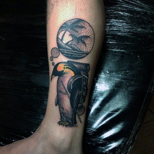Mens Penguin Thinking Of Beach Guys Leg Tattoo