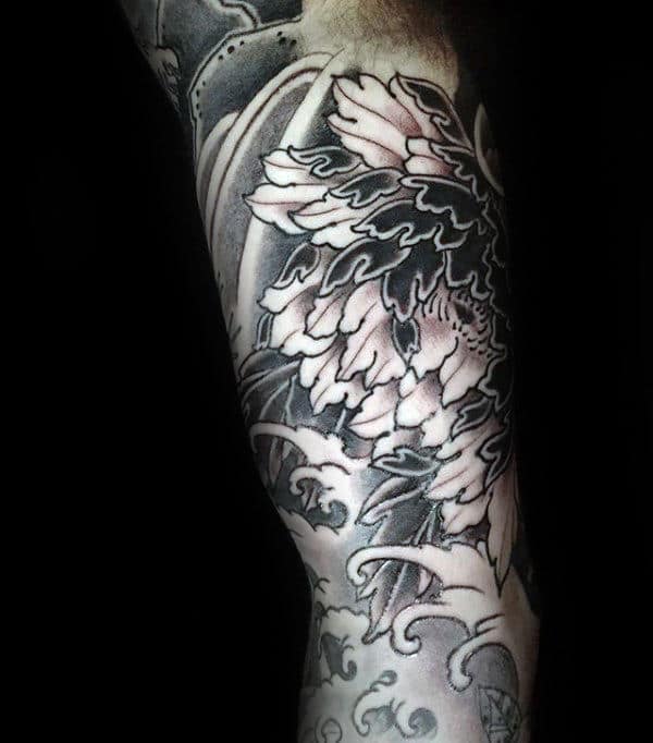 Mens Peony Japanese Waves Sleeve Tattoo With Black And Grey Shaded Ink