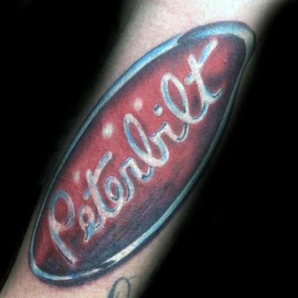Mens Peterbilt Truck Logo Tattoo On Males Forearm