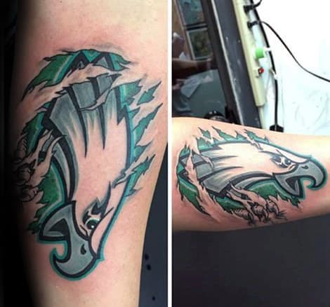 Mens Philiadephia Eagles Ripped Skin Logo Tattoos On Arm