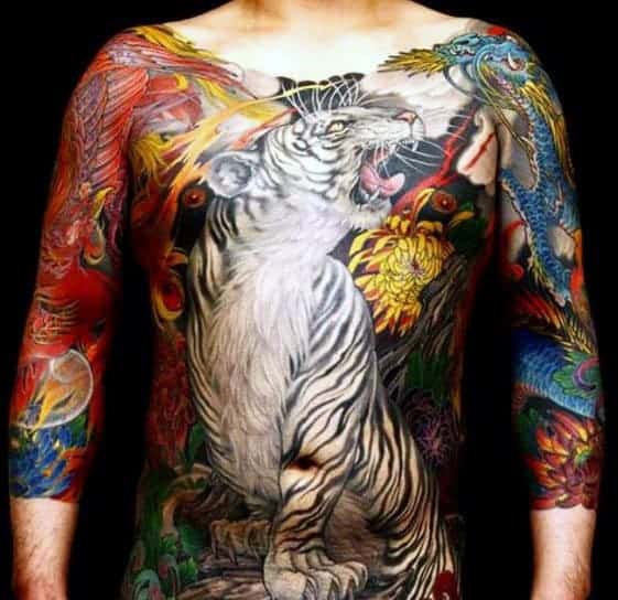 Japanese full-chest tattoo featuring a roaring white tiger, vibrant phoenix, blue dragon, and intricate floral elements