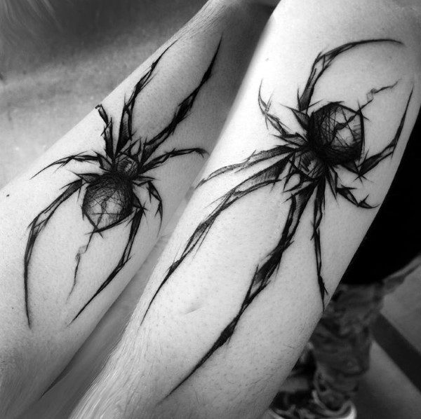 Mens Piercing Black Spider Tattoo On Calves