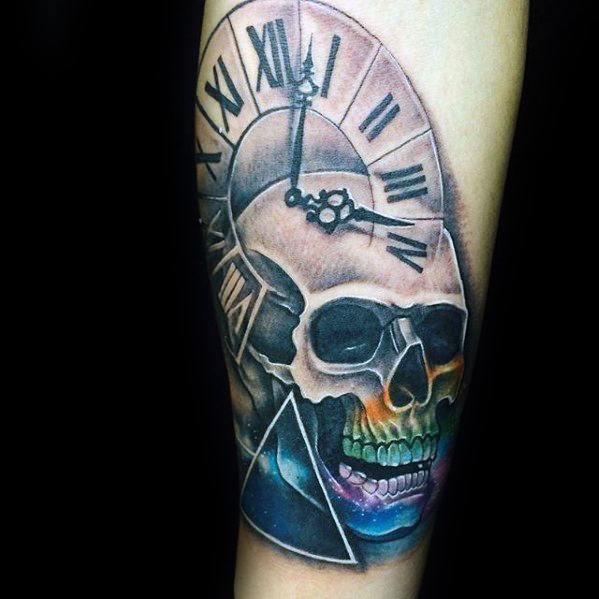 Mens Pink Floyd Tattoos Skull With Roman Numeral Clock On Arm