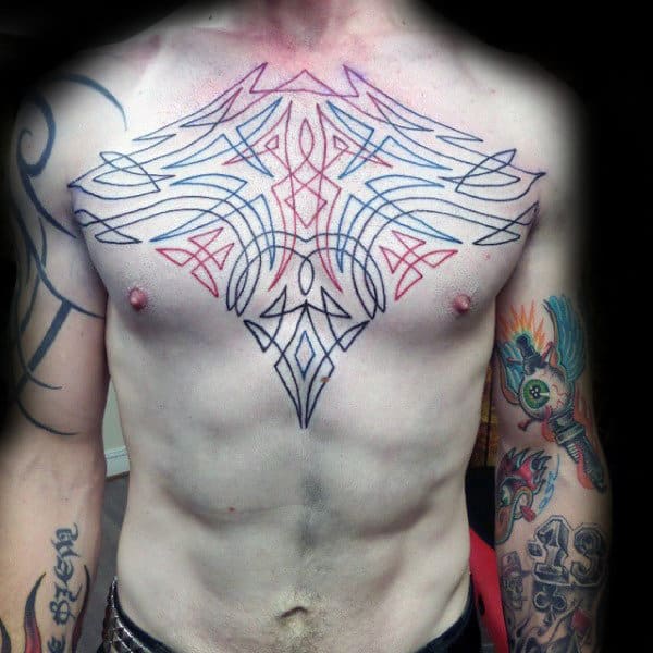 Mens Pinstripe Red And Black Ink Chest Tattoos