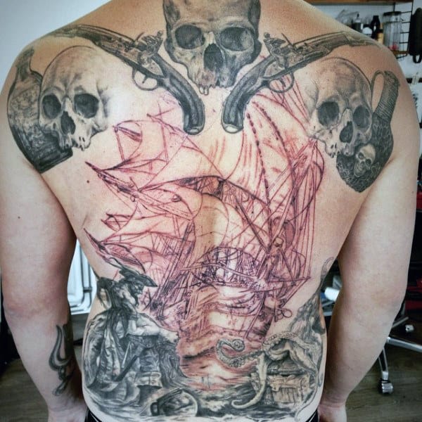 Men's Pirate Ship Tattoo On Back