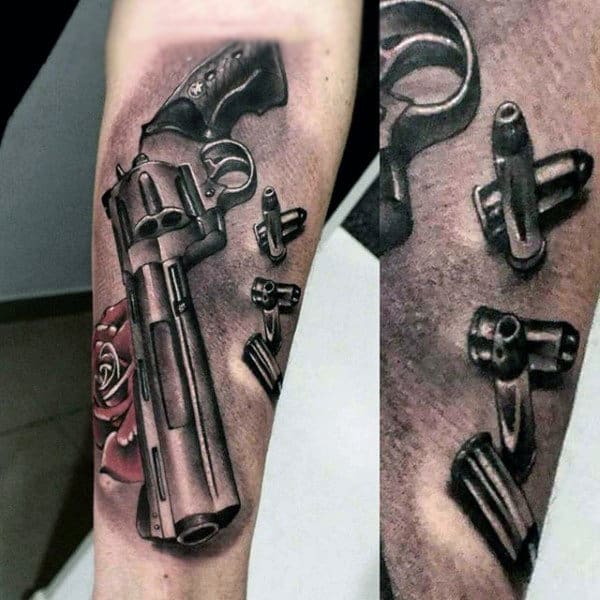 Mens Pistol Tattoo With Bullets And Rose Forearms