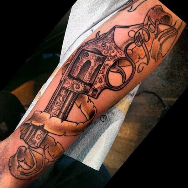 Mens Pistol Tattoo With Yellow Ribbon On Forearms