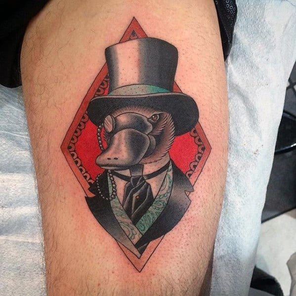 Mens Platypus With Top Hat Thigh Tattoo Ideas