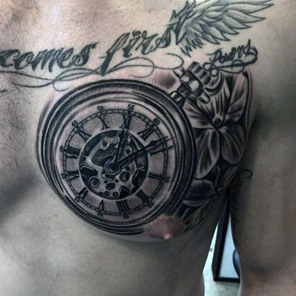 Mens Pocket Watch Tattoo With Saying On Chest