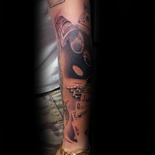 Mens Poker Chips With Playing Cards Forearm Sleeve Tattoo