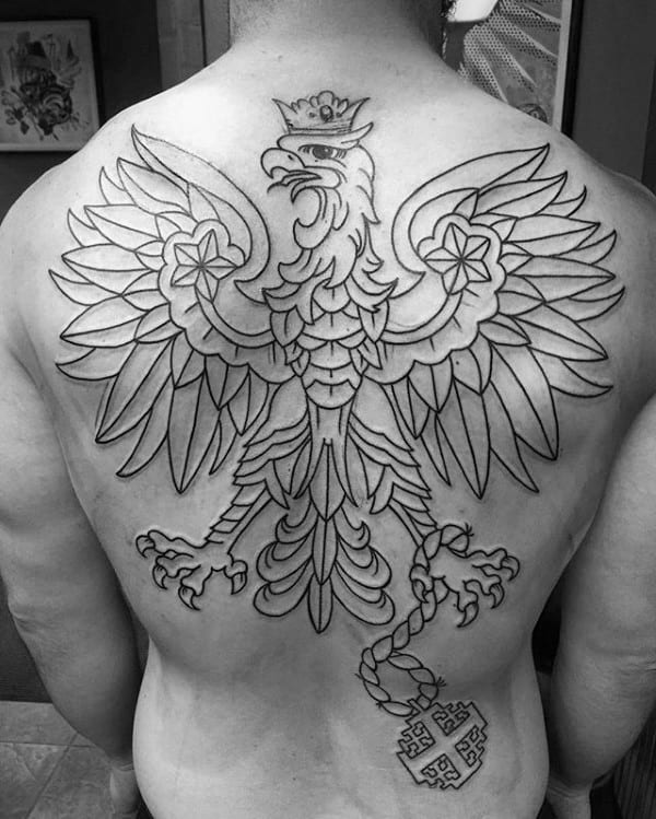 Mens Polish Eagle Black Ink Outline Full Back Tattoo Ideas