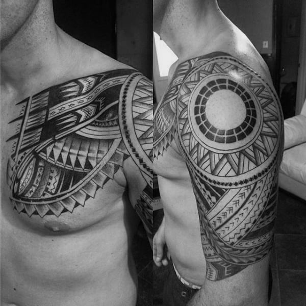 Mens Polynesian Black Ink Tribal Tattoos On Chest