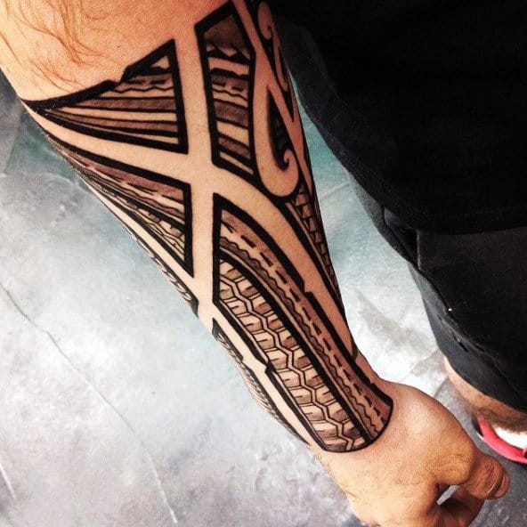 Mens Polynesian Negative Space Traditional Tribal Forearm Tattoo Sleeve