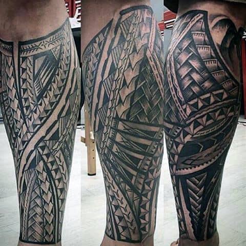 Mens Polynesian Shaded Black And Grey Leg Sleeve Tattoo