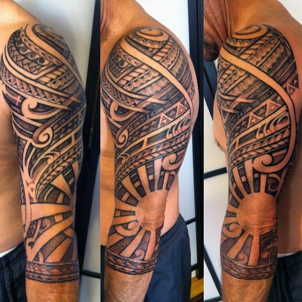 Mens Polynesian Tribal Half Sleeve Tattoo With Negative Space Sun Design