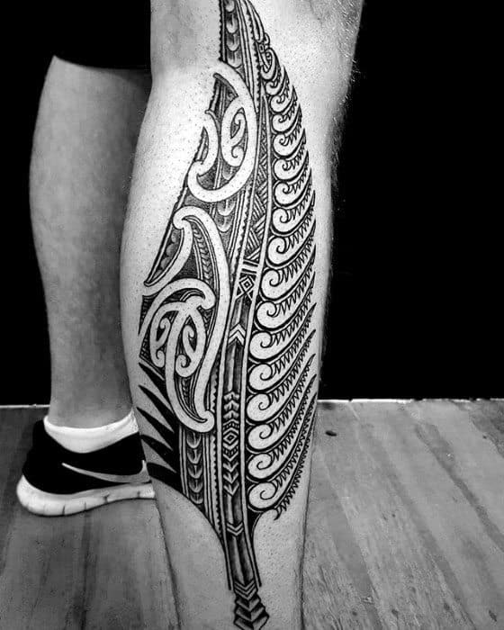 Mens Polynesian Tribal Leaf Fern Tattoo On Side Of Legs