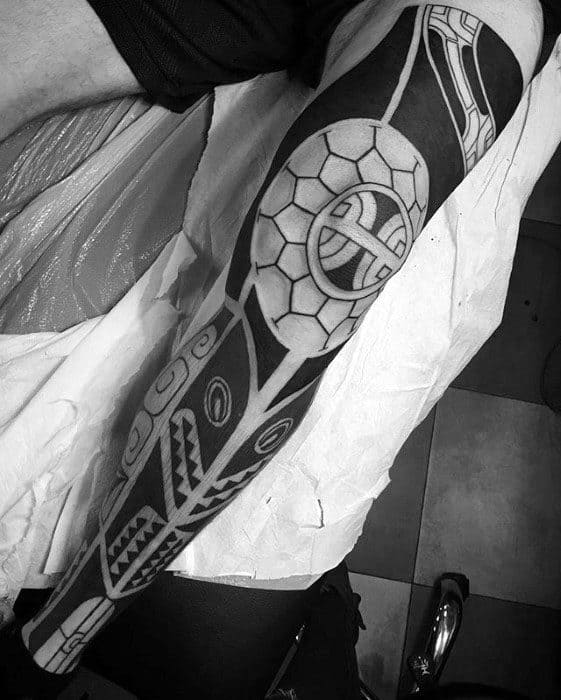 Mens Polynesian Tribal Negative Space Leg Sleeve Tattoo
