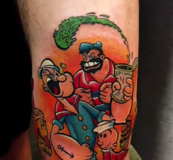 Mens Popeye Tattoo With Bluto Swee Pea And Olive Oyl