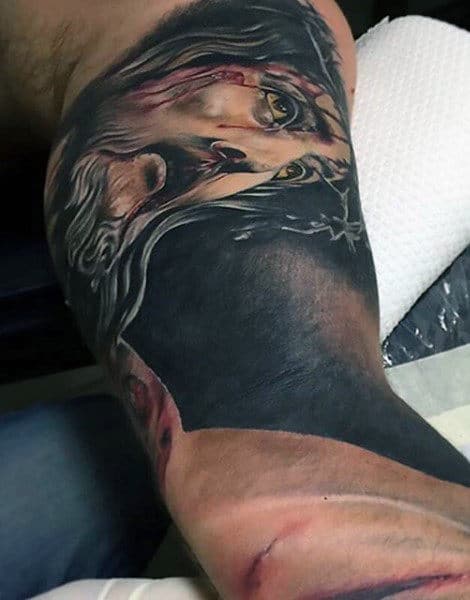 Mens Portrait Of Jesus On Inner Bicep Of Arm