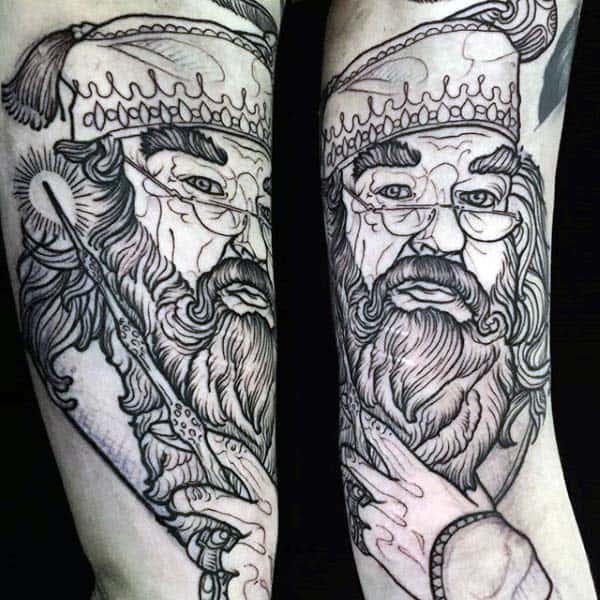 Mens Portrait Woodcut Arm Tattoo Design Ideas