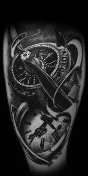 Realistic black and grey tattoo featuring a detailed propeller, compass, and broken clock, symbolizing time, direction, and aviation heritage.
