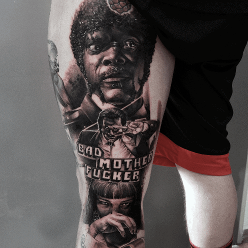 Mens Pulp Fiction Movie Themed Back Of Leg Tattoo