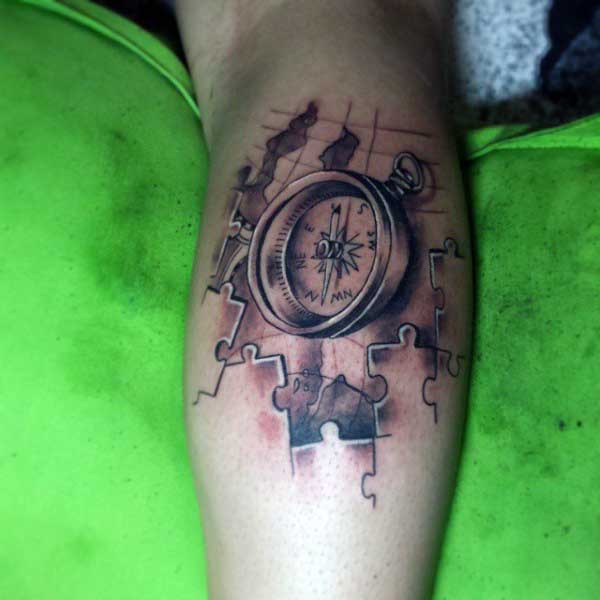 Mens Puzzle Piece Tattoos With Compass On Bicep
