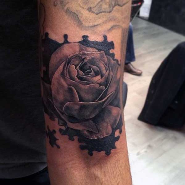 Mens Puzzle Tattoo With Rose Flower On Inner Arm