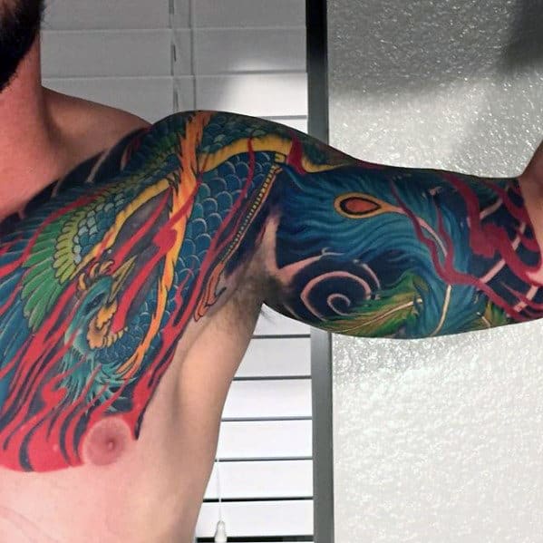 Mens Quarter Sleeve And Chest Colorful Japanese Phoenix Tattoo