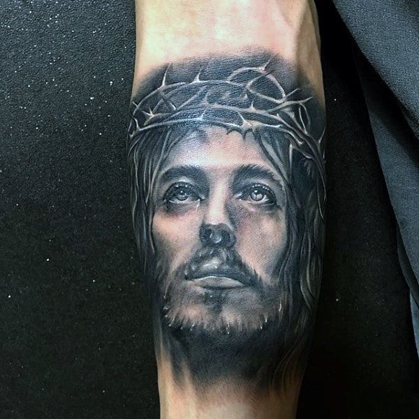 Mens Quarter Sleeve Jesus Tattoo On Inner Forearm