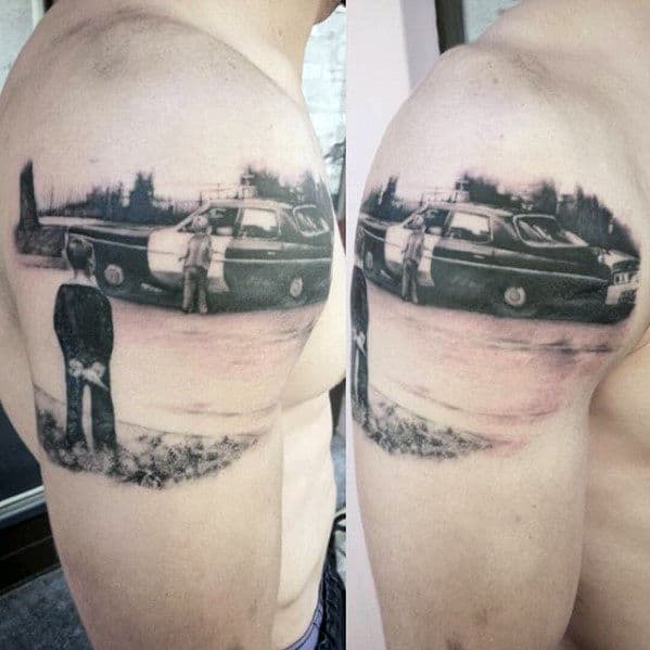 Mens Quarter Sleeve Police Car And Children Tattoo Design Ideas