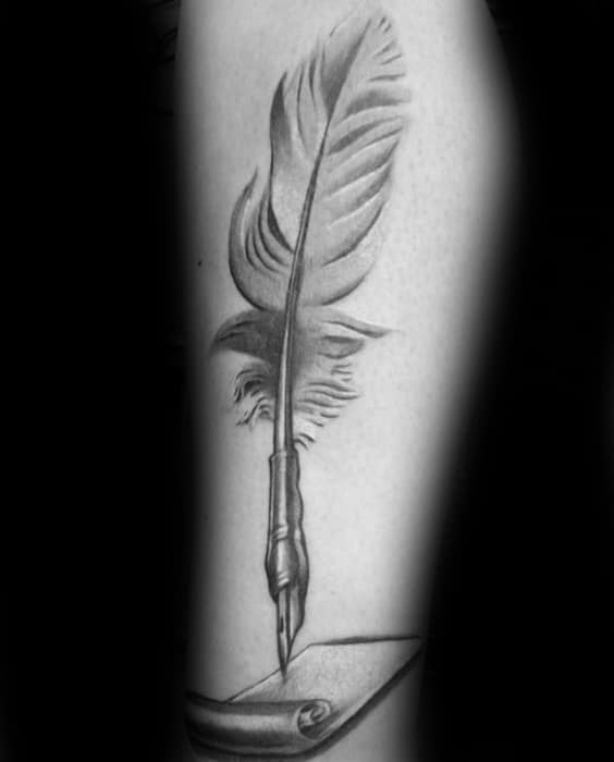 Mens Quill With Paper Tattoo Design Ideas On Leg